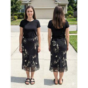 VTG Y2K Exact Change Mesh Floral Midi Skirt Black White Lettuce Hem Grunge M